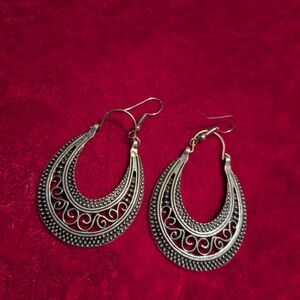 Intricate Silver Etched Swirl Filigree Hoop Earrings